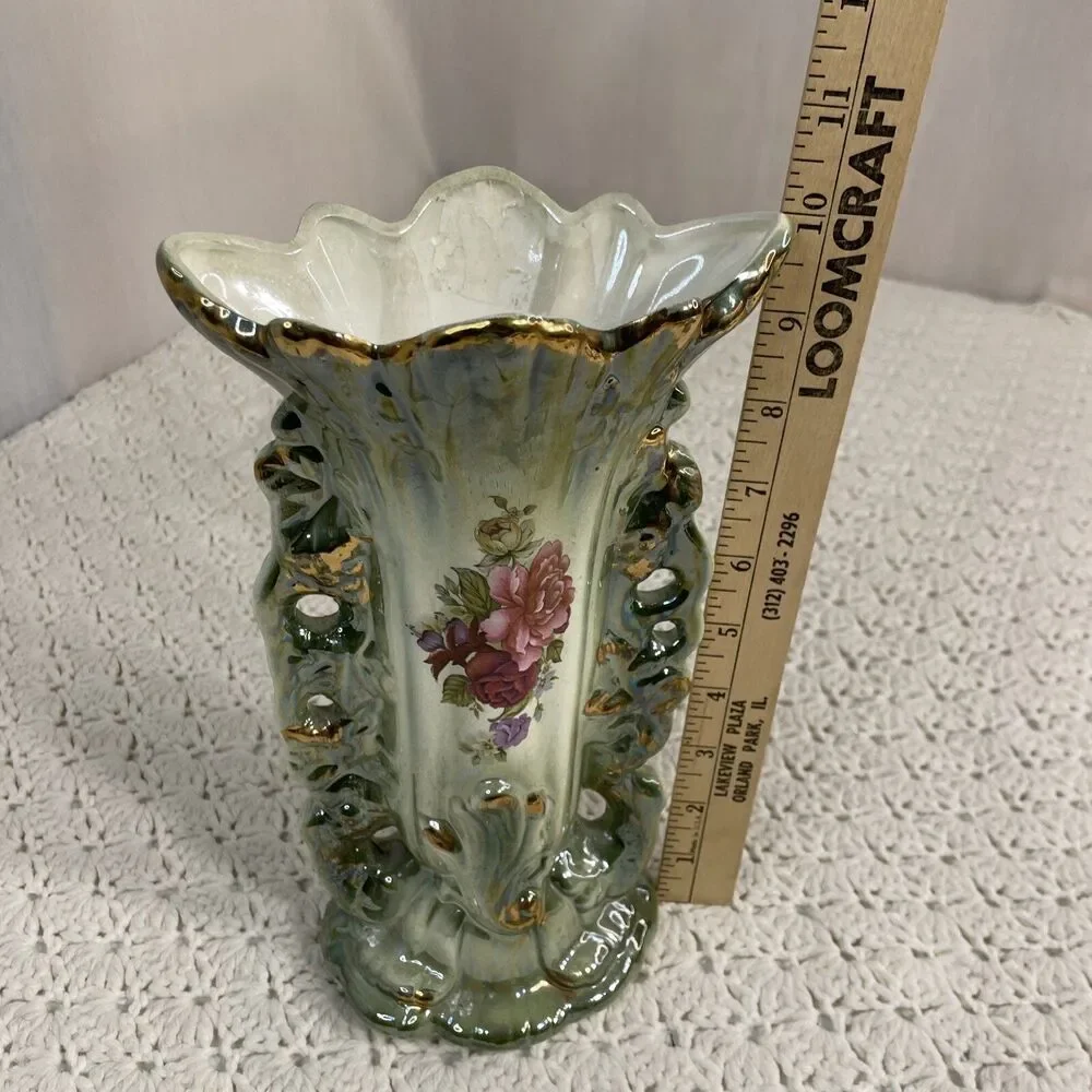Vintage Hand Painted Lusterware Vase Pottery Made In Taiwan Floral Gold Accents